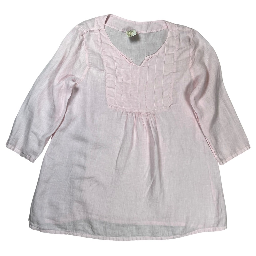 Match Point‎ Linen Tunic Top Womens Size M Pink Pleated 3/4 Sleeve Lagenlook